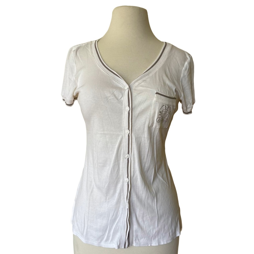 Feraud Paris Womens White V-Neck Button Up Short Sleeve Cardigan Top Pocket Logo